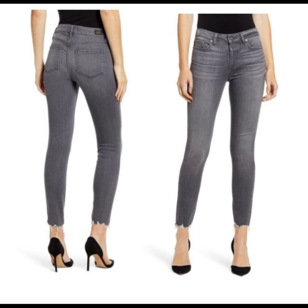 PAIGE Gray Cropped Distressed Denim Jeans